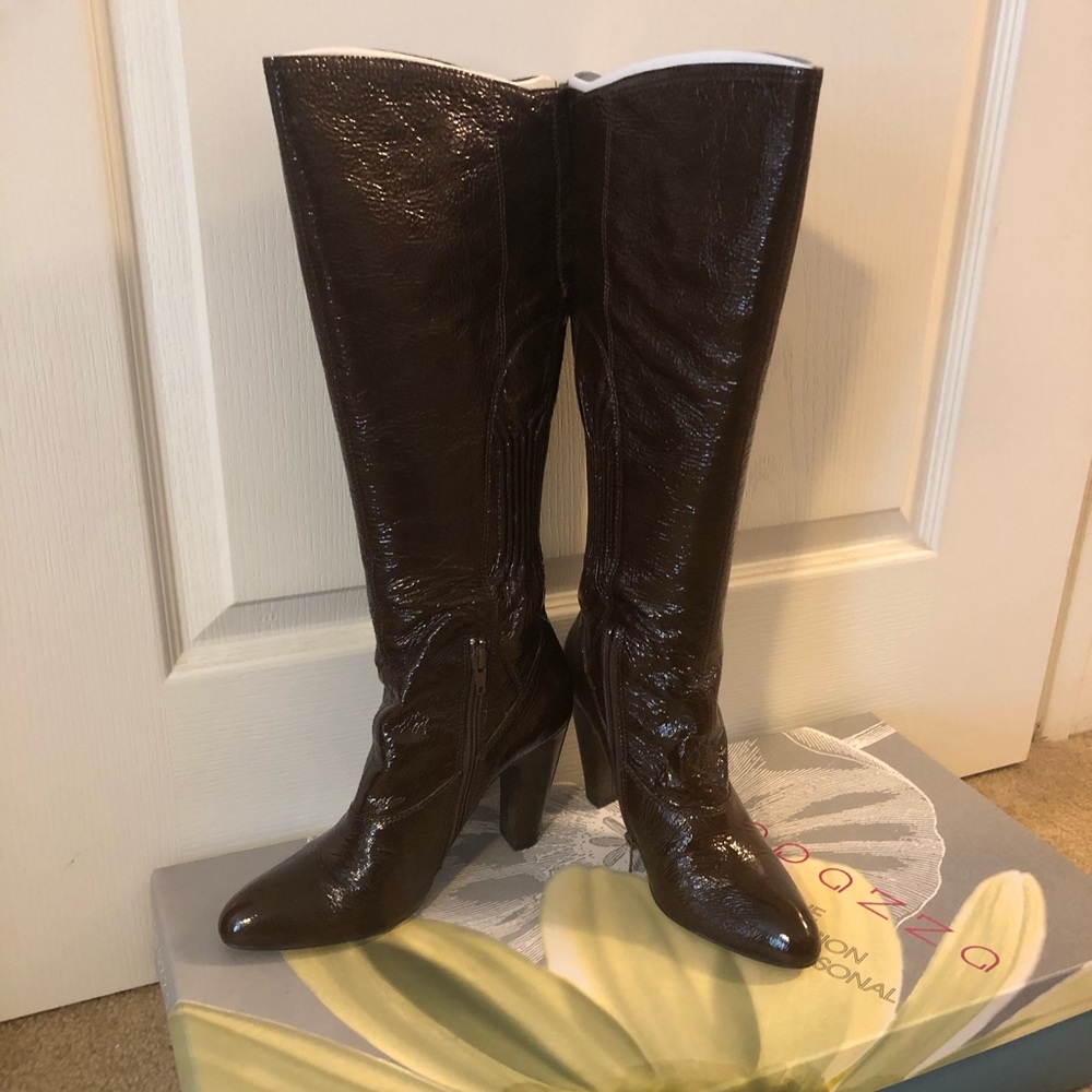 Chocolate Brown Crinkle Patent Leather Boots